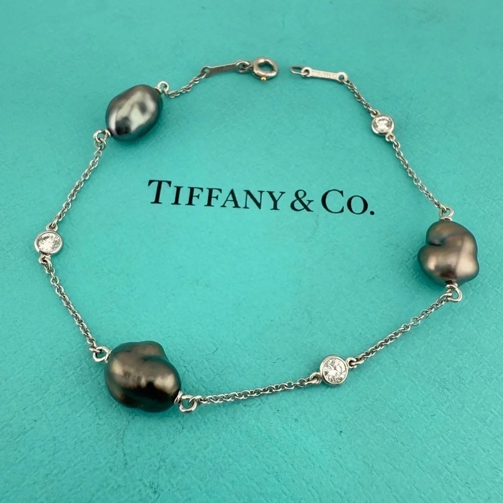 RARE Tiffany & Co. Vintage Tahitian Pearl & Diamond by the Yard Bracelet in Plat